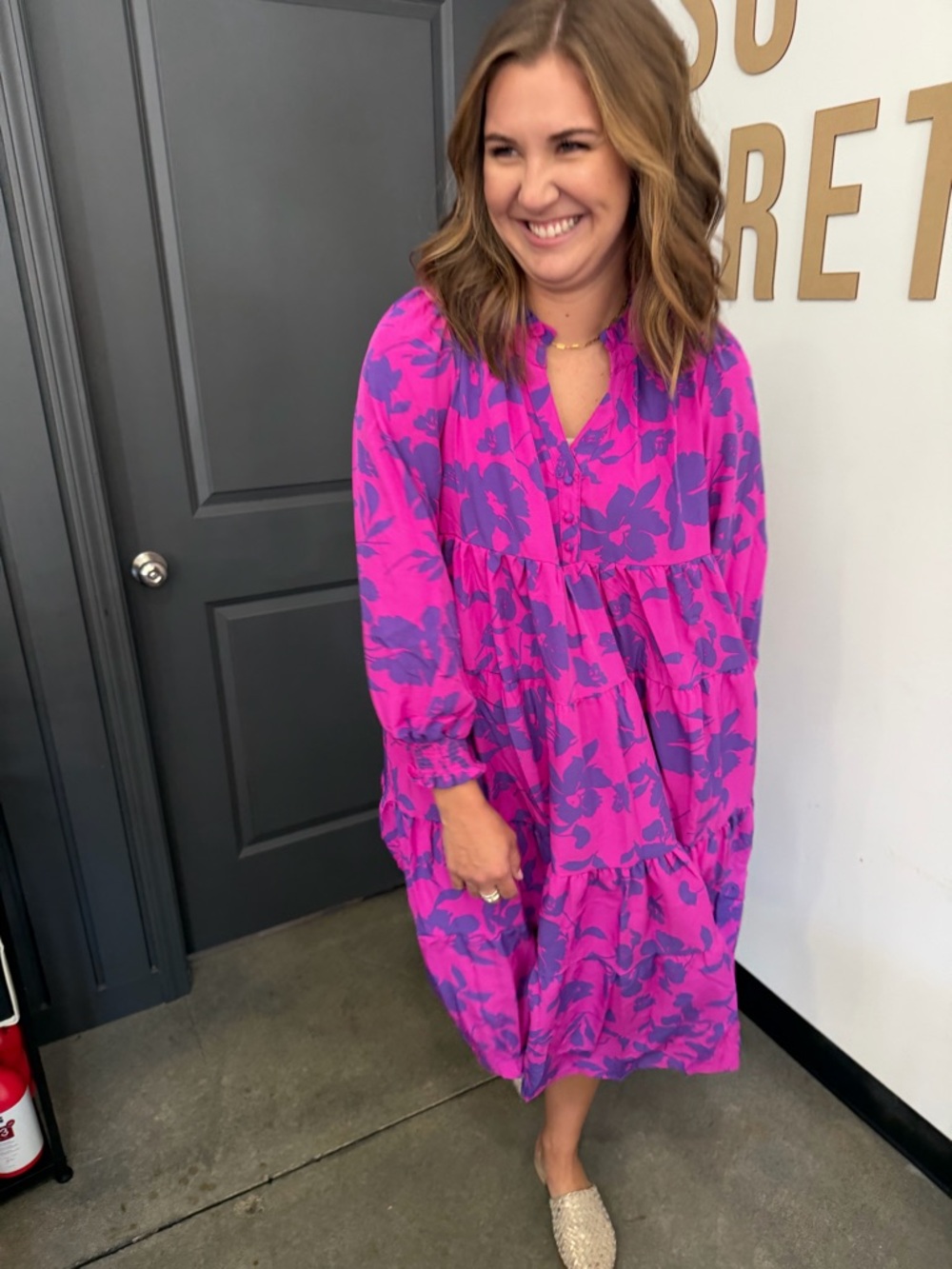 Umgee Hot Pink & Purple Floral Tiered Midi Dress - Picture 4 of 4